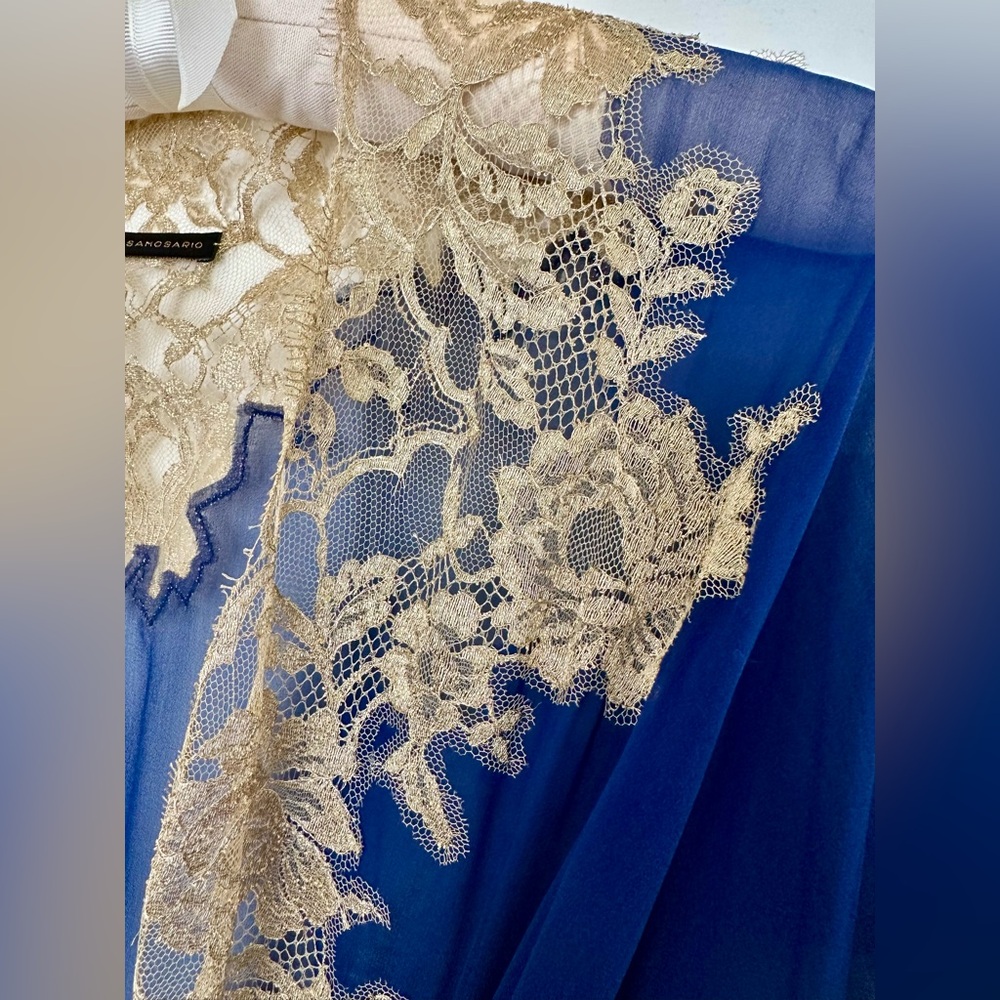 100% Silk Cobalt Blue Italian Chiffon Long Robe “Riviera Bonjour” by Rosamosario